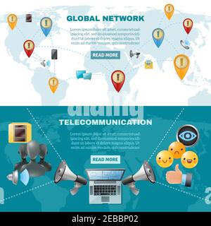 Social media horizontal banners with methods and ways of global communication vector illustration Stock Vector