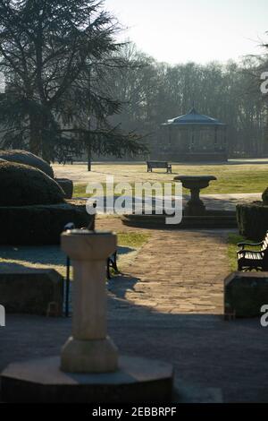 Boultham Park Lincoln, Lincolnshire, open spaces, woodland, lake, wildlife, urban space, rural amenity, paths, water fountain, bandstand ornate green Stock Photo