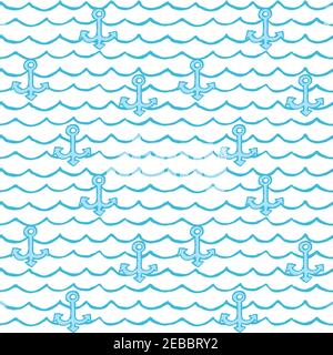 Nautical style vector pattern with anchors and waves. Stock Vector