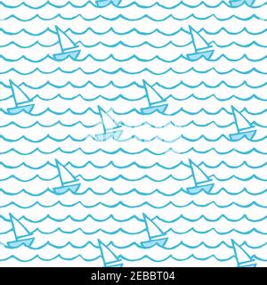 Nautical style vector pattern with sailboats in the sea. Stock Vector