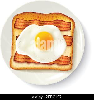 American breakfast food top view realistic image of toasted bread  fried egg and bacon on plate vector illustration Stock Vector