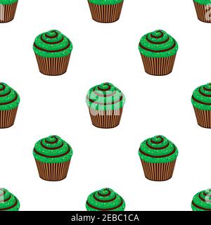 Illustration on theme Irish holiday St Patrick day, seamless green muffins. Pattern St Patrick day consisting of many identical muffins on white backg Stock Vector
