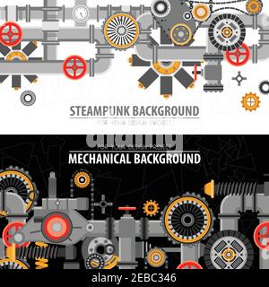 Abstract technological horizontal banners with industrial technical mechanical elements and objects vector illustration Stock Vector