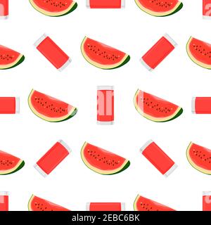 Illustration on theme colored lemonade in watermelon cup for natural drink. Lemonade pattern consisting of kitchen accessory, watermelon cup to organi Stock Vector