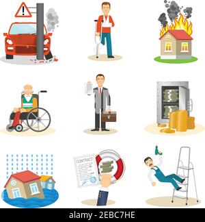 Insurance and risk insured event flat icons set on white background isolated vector illustration Stock Vector