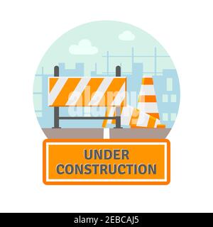 Website improvement under construction flat icon with traffic barrier and cone vector illustration Stock Vector