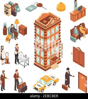 Hotel isometric icons set with modern multistory hotel building yellow taxi car reception bellman maid and visitors persons vector illustration Stock Vector
