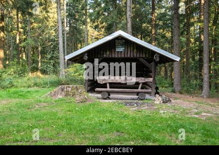 Refuge and rest area at an old charcoal burner on the Rennsteig hiking trail in Thuringia on the route from Ruhla to Ebertswiese. Stock Photo