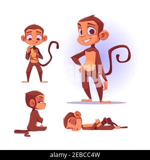 Cute monkey character in different poses. Vector set of cartoon mascot, funny ape smiling, holding banana, sleep and offended. Creative set, wild animal chimpanzee isolated on white background Stock Vector