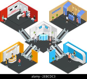 Multistore exhibition isometric composition with promotion and marketing symbols vector illustration Stock Vector