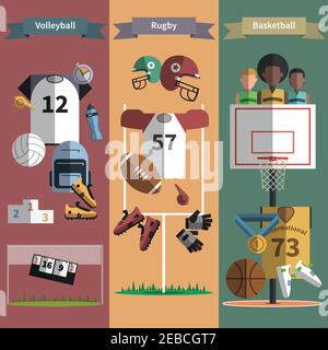 Volleyball rugby and basketball team sport  attributes 3 flat vertical banners set abstract shadow vector isolated illustration Stock Vector