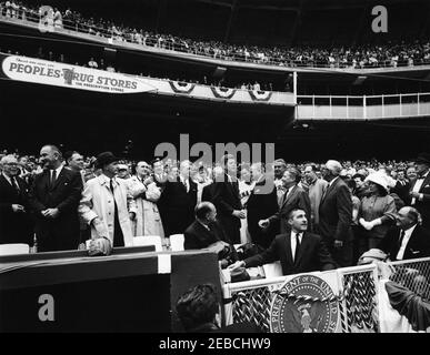 Opening Day of the 1961 Baseball Season, 1:10PM. President John F. Kennedy  and Special Assistant to the President Dave Powers greet former Washington  Senators player James Barton u0022Mickeyu0022 Vernon and Manager of