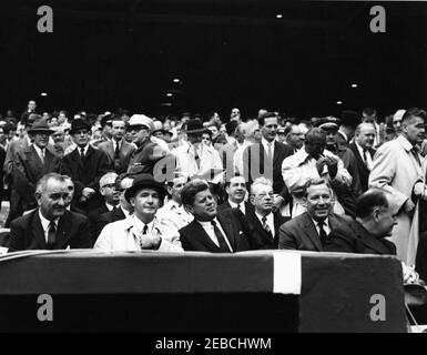 Opening Day of the 1961 Baseball Season, 1:10PM. President John F. Kennedy  and Special Assistant to the President Dave Powers greet former Washington  Senators player James Barton u0022Mickeyu0022 Vernon and Manager of