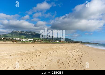 A view of the Playa de Bolonia beach and El Chaparral mountain on Andalusia's Costa de la Luz Stock Photo