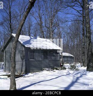 Camp David in the snow, views. Sycamore Cabin at Camp David. Linden Cabin is visible in the background. Frederick County, Maryland. Stock Photo