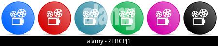 Movie vector icons, set of circle gradient buttons in 6 colors options for webdesign and mobile applications Stock Vector