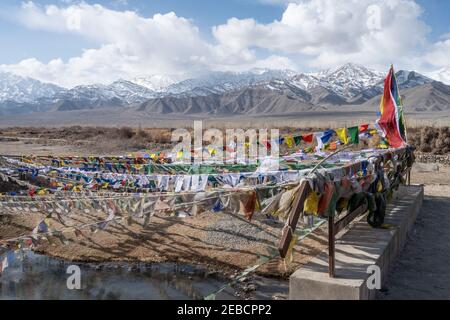 Prayer flags, near Leh, Ladakh Stock Photo
