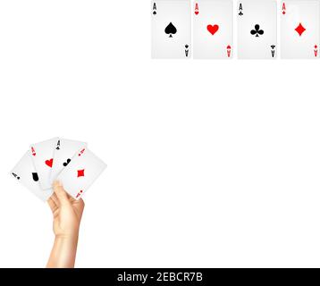 Gambling entertainment business decorative poster print with high hand holding four playing cards aces abstract vector illustration Stock Vector