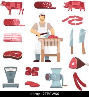 Flat colored icons set of meat products butchers guide images vintage grinder and scales isolated vector illustration Stock Vector