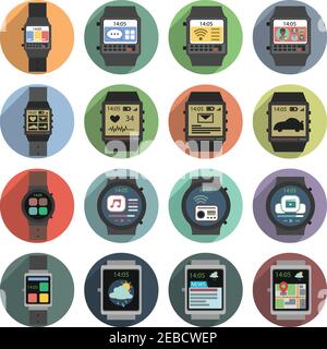 Smart watch modern mobile gadgets flat shadow icons set isolated vector illustration Stock Vector