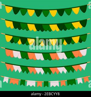 Irish holiday St Patrick day, big set from flags on rope. Pattern St Patrick day consisting of many different flags at rope on bright background. Flag Stock Vector