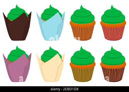 Illustration on theme Irish holiday St Patrick day, big set cupcakes. Pattern St Patrick day consisting of many different cupcakes on white background Stock Vector