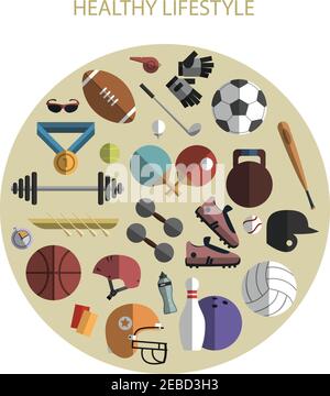 Healthy life style sport equipment and accessories flat icons composition circle print poster abstract vector illustration Stock Vector