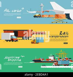 Logistic concept flat banners set of maritime rail and air transport delivery services abstract isolated vector illustration Stock Vector