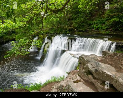 Sgwd y Pannwr (Fall of the Fuller) waterfall on the Afon Mellte river in the Bannau Brycheiniog (formerly Brecon Beacons) National Park near Ystradfellte, Powys, Wales. Stock Photo