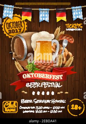 Festive oktoberfest poster with beer barrel sausages wheat mug and party flags on wooden background vector illustration Stock Vector