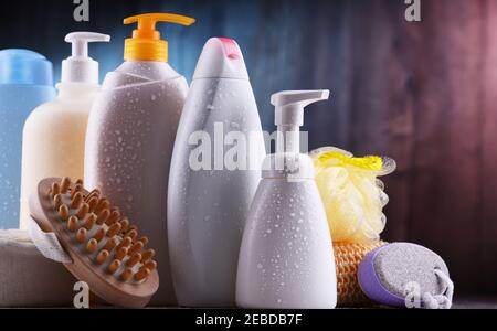 Plastic contaiers of shampoos and shower gels Stock Photo