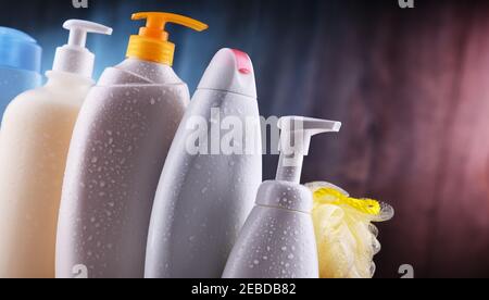 Plastic contaiers of shampoos and shower gels Stock Photo