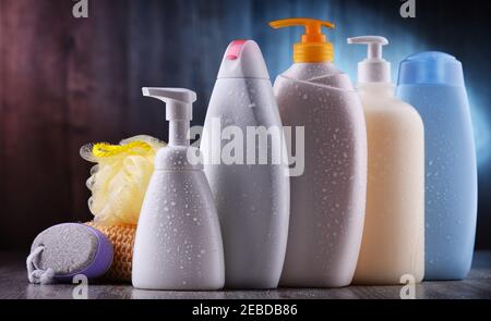 Plastic contaiers of shampoos and shower gels Stock Photo