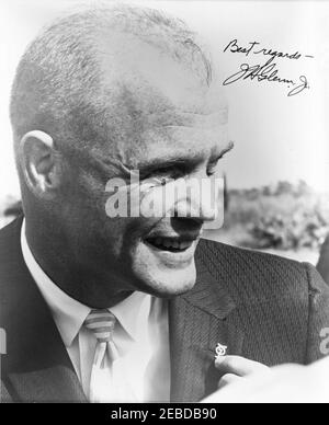 Portrait photo of Astronaut John Herschel Glenn, Jr.. Copy of a portrait photograph of astronaut Lieutenant John H. Glenn, Jr. wearing Project Mercury lapel pin, autographed by Lieutenant Colonel Glenn. [This is a copy negative made by Cecil Stoughton. Original photographer is unknown.] Stock Photo