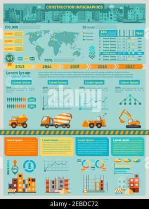 Construction infographics set with building machines symbols and charts vector illustration Stock Vector