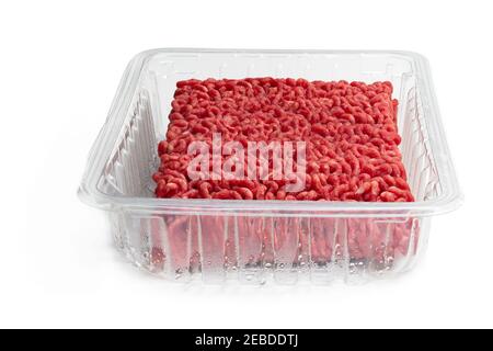 Raw minced  beef in plastic pack isolated on white Stock Photo
