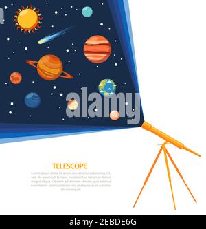 Telescope with solar system comets and stars concept poster flat vector illustration Stock Vector