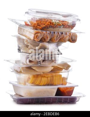 A variety of prepackaged food products in plastic boxes. Stock Photo