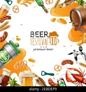 Beer festival template with can crisps potato glasses barrel mug pretzel lobster wheat bottle opener vector illustration Stock Vector