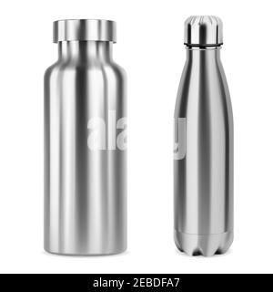 Metal whater bottle. Stainless steel bottles mockup isolated on white. Aluminum thermo flask blank, camping product. Silver metal tin for brand promot Stock Vector
