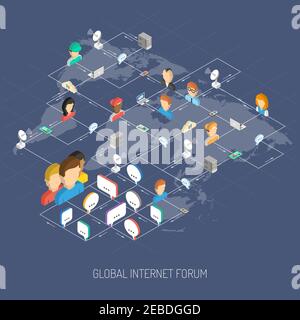 Internet forum concept with isometric people avatars speech bubbles and world map vector illustration Stock Vector