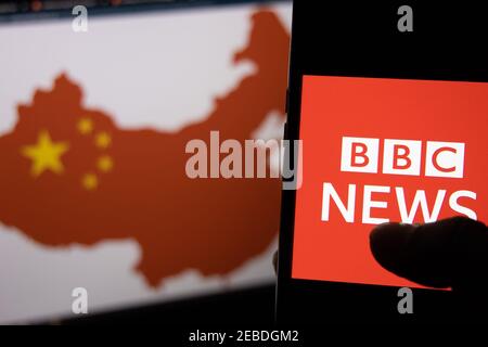 Kathmandu, Nepal - February 12 2021: BBC News Logo against the Map of China in red on a computer screen in the background. Stock Photo