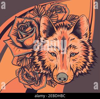 Wolf with roses artwork illustration vector art Stock Vector