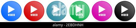 Video vector icons, set of circle gradient buttons in 6 colors options for webdesign and mobile applications Stock Vector
