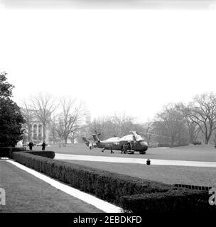 President Kennedy departs White House via helicopter for Andrews Air Force Base, 1:50PM. View of the South Lawn of the White House, Washington, D.C., as President John F. Kennedy boards Marine One for Andrews Air Force Base, en route to Palm Beach, Florida. Stock Photo