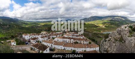 Zahara de la Sierra, Spain - 1 Februarv, 2021: view of the whitwashed Andalusian village of Zahara de la Sierra
