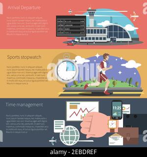 Time banner horizontal set with sports travel and business time management elements isolated vector illustration Stock Vector