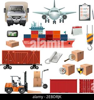Logistics elements set of transportation distribution delivering icons and objects isolated vector illustration Stock Vector