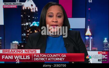 February 11, 2021, New York, New York, USA - FANI WILLIS, District Attorney of Fulton County, Georgia, appears on MSNBC's Rachel Maddow Show. Ms. Willis has opened a criminal investigation into President Trump's January 2 phone call to the Georgia Secretary of State, Brad Raffesnsperger, during which Trump asked him to overturn Georgia's 2020 presidential election results.(Credit Image: © Msnbc/ZUMA Wire) Stock Photo
