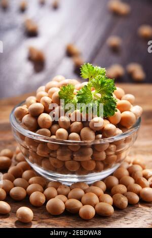 Composition with bowl of soya beans. Stock Photo